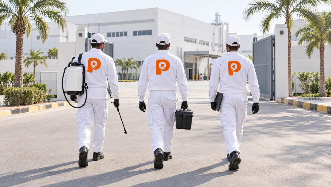 Three Pointerz technicians in white uniforms walking into a factory site.